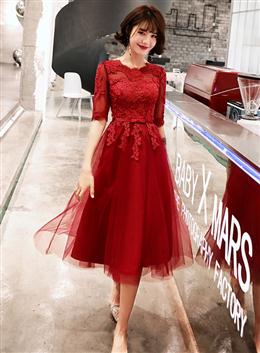 Picture of Wine Red Color Short Sleeves Lace and Tulle Lovely Homecoming Dresses, Wine Red Color Prom Dresses Party Dresses